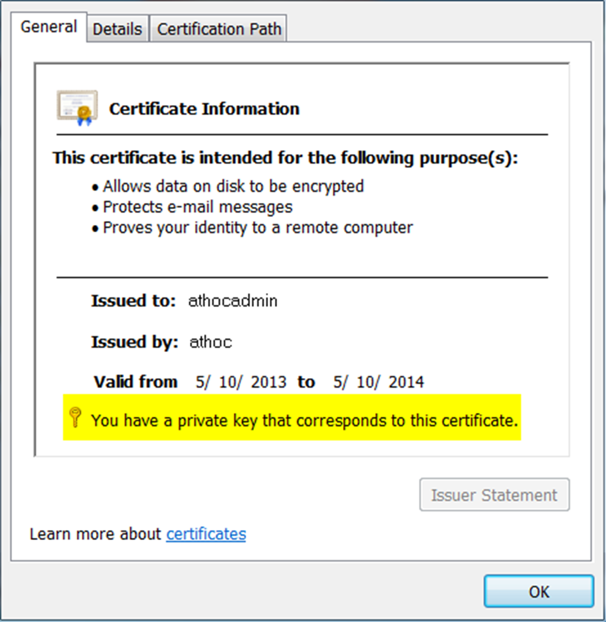 The Certificate Information window