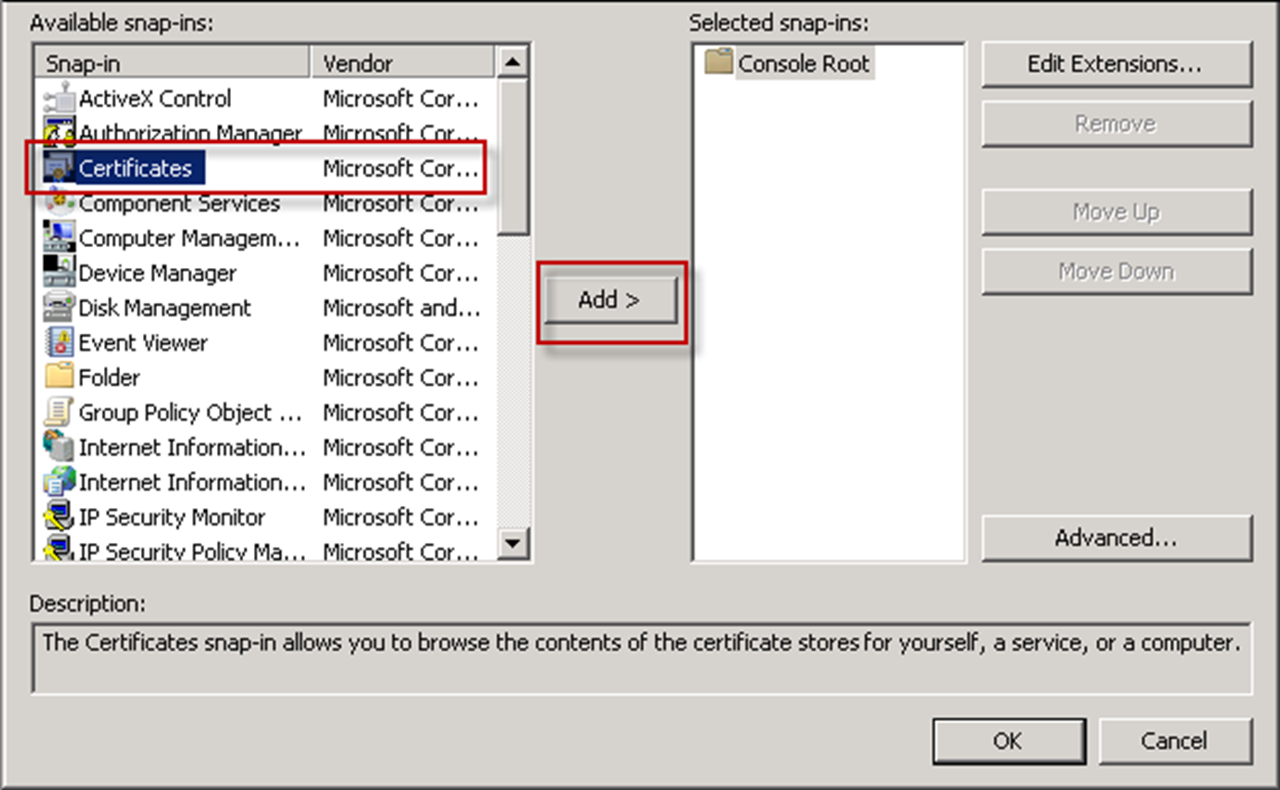 Add Certificates to the Selected snap-ins list