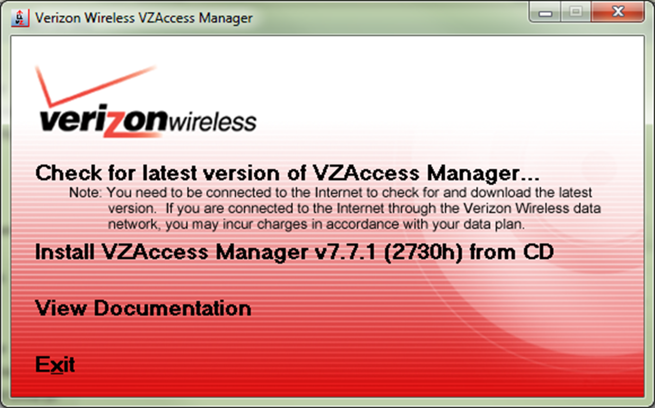 The Verizon Wireless VZAccess Manager window