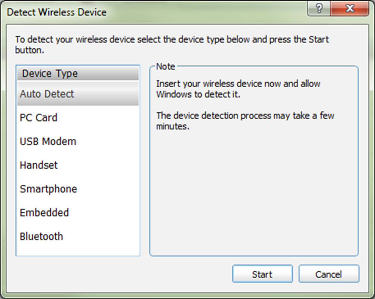The Detect Wireless Device dialog