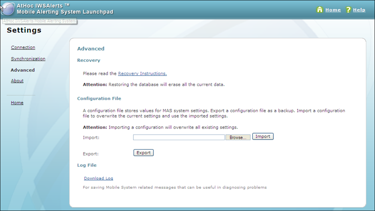 The Advanced section of the MAS launchpad Settings screen