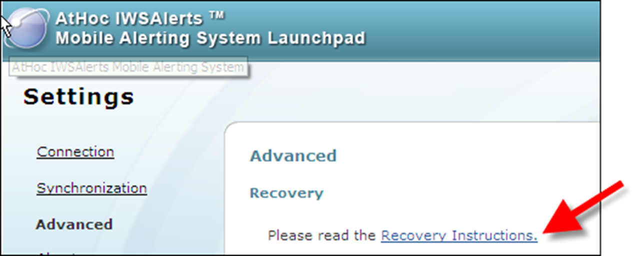The Recovery Instructions link on the MAS launchpad Advanced Settings screen