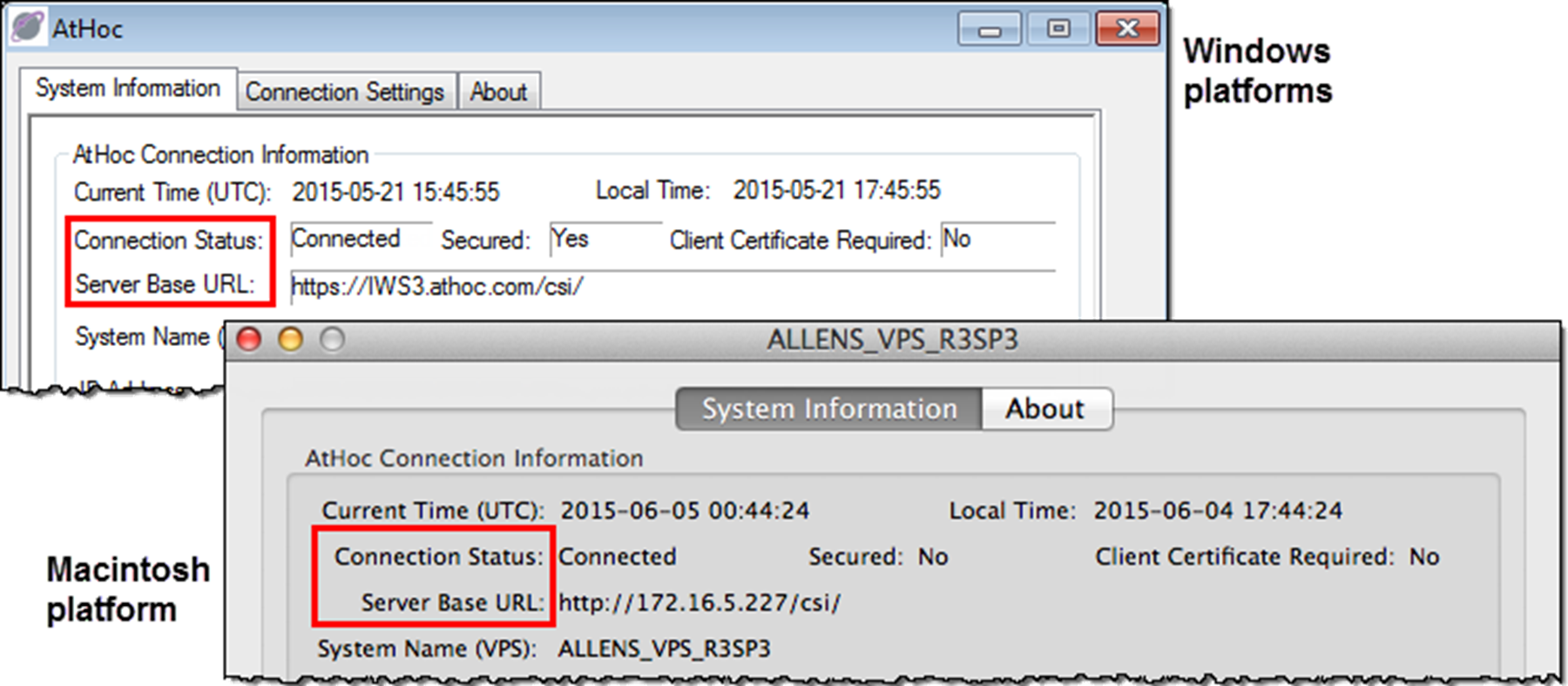 The Connection Status and Server Base URL shown on the System Information tab