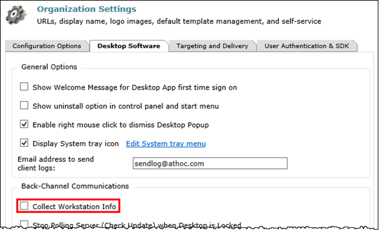 The Collect Workstation Info check box shown in the Organization Settings window
