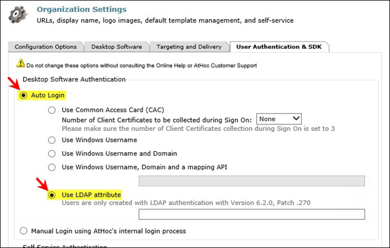 The Use LDAP attribute option selected in the Organization Settings screen