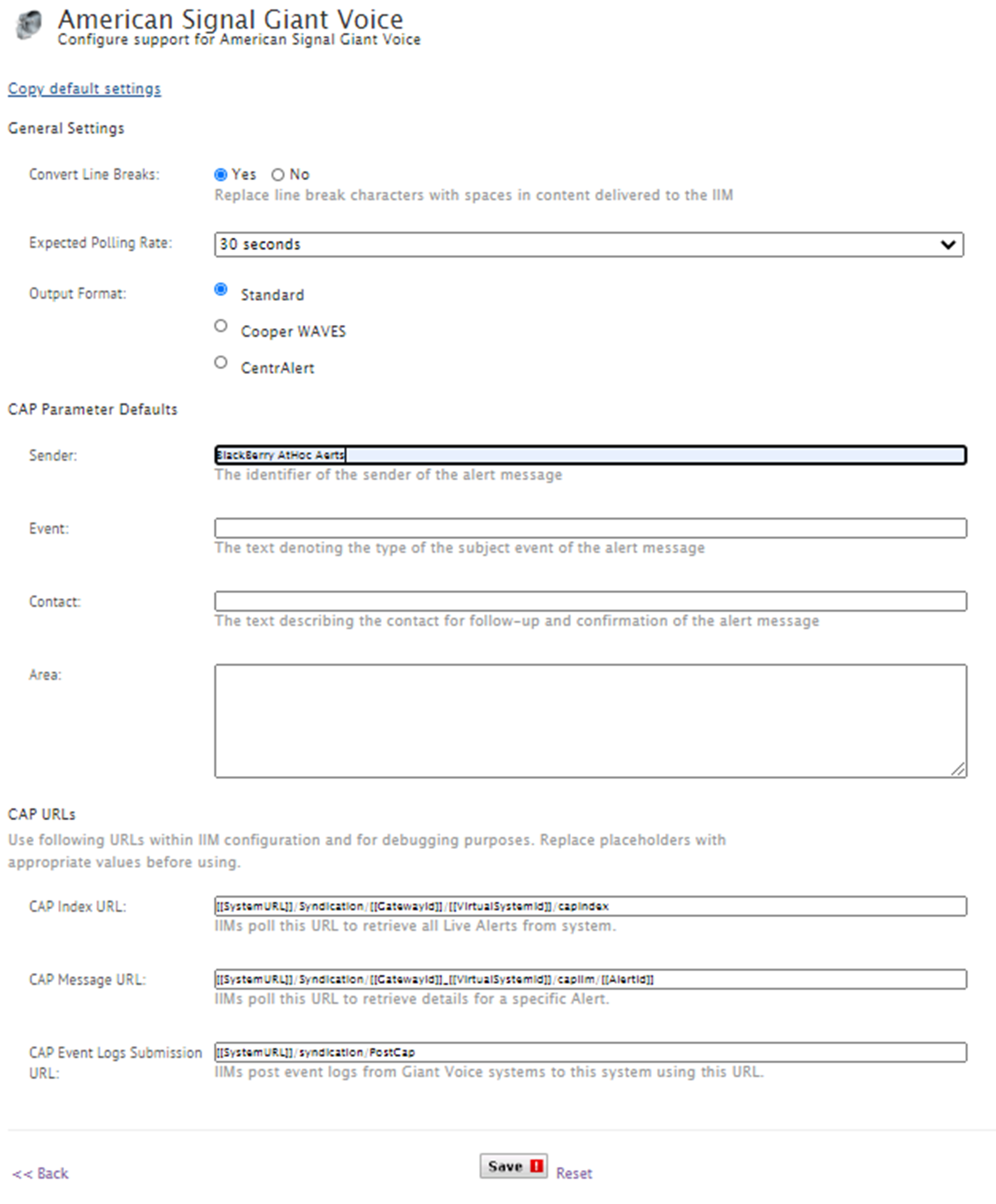 The American Signal Giant Voice device settings page
