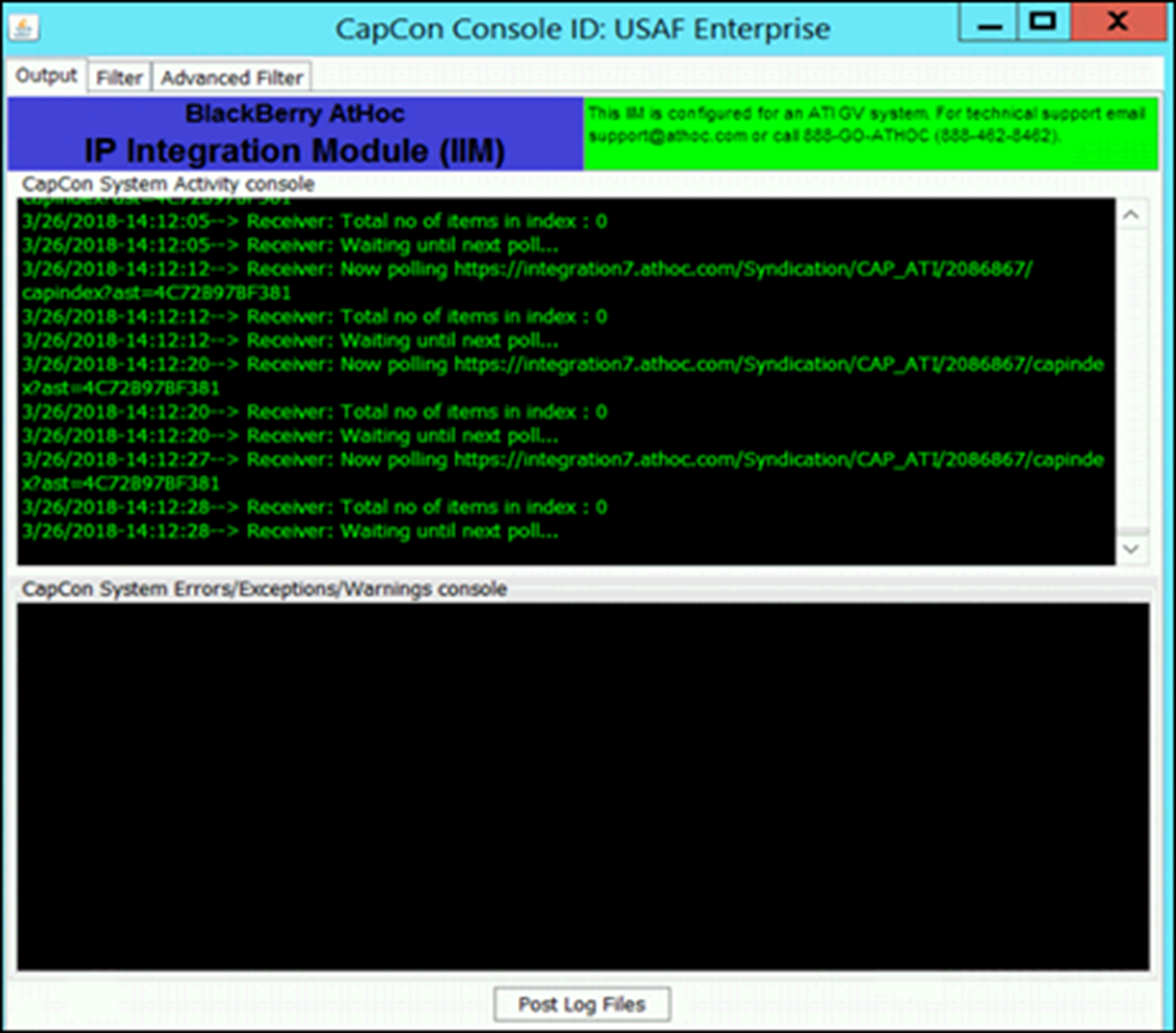 The CapCon System Errors/Warnings Console window