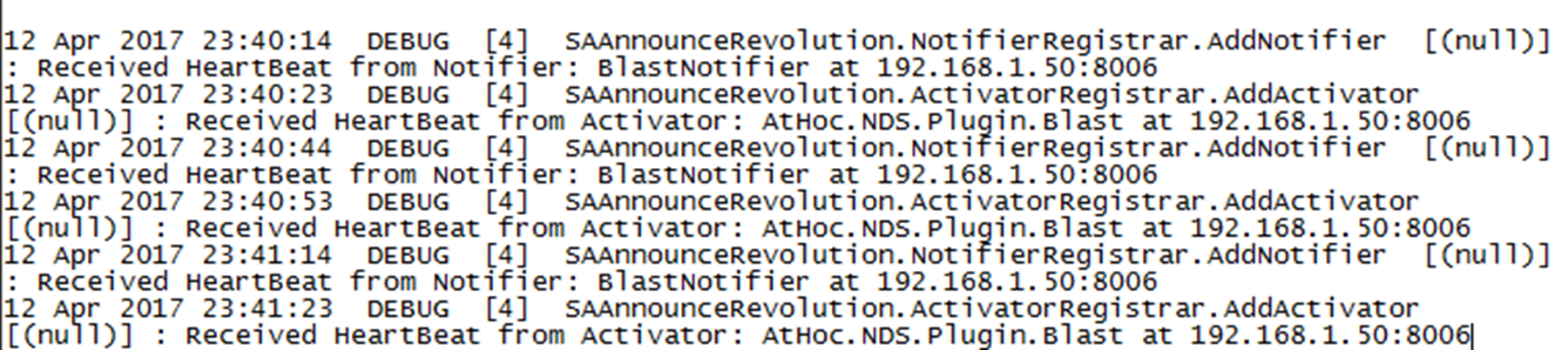 Sample heartbeat entries in the SAAnnounceLog.txt file