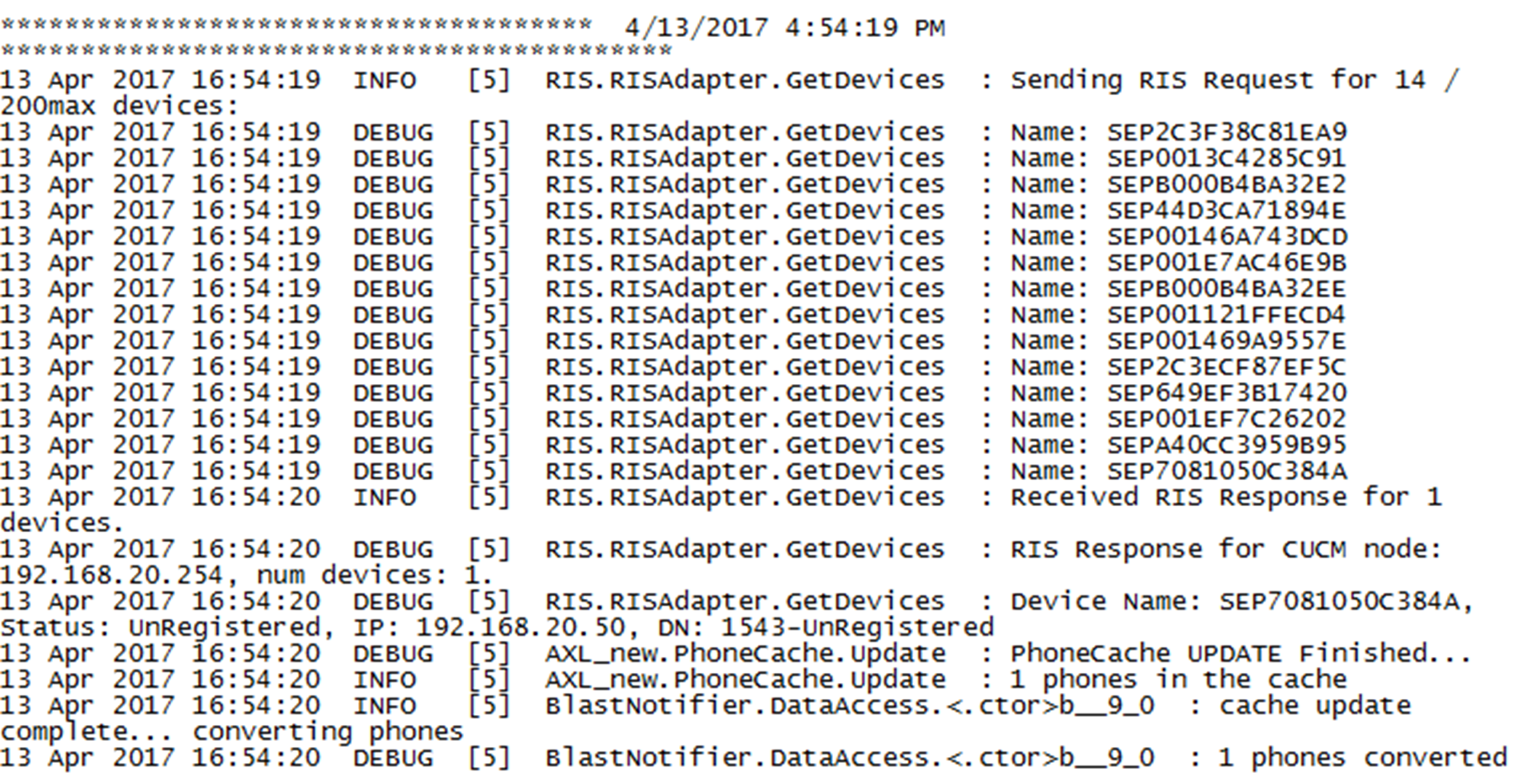 Sample log entry that shows a successful connection between Notifier and Call Manager