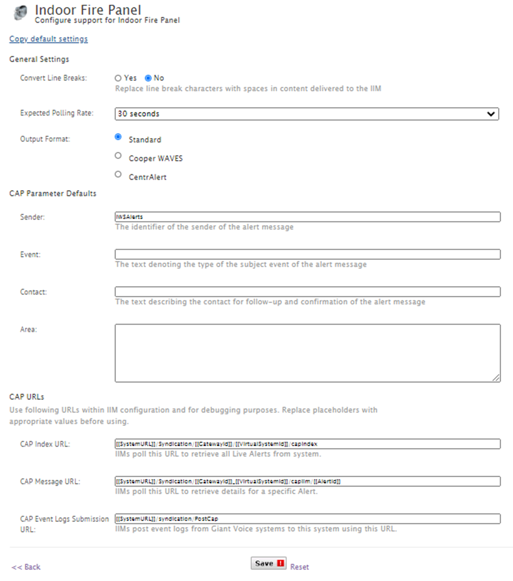 The indoor fire panel settings page