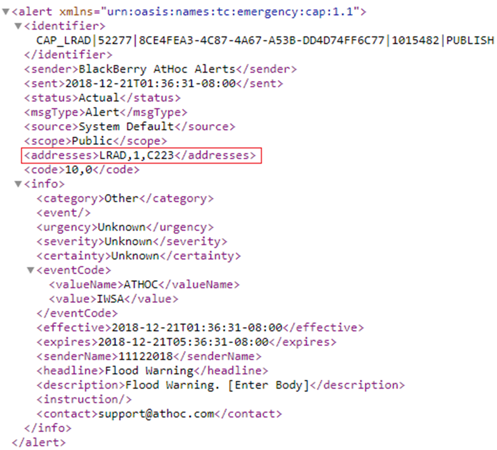 The alert xmlns file