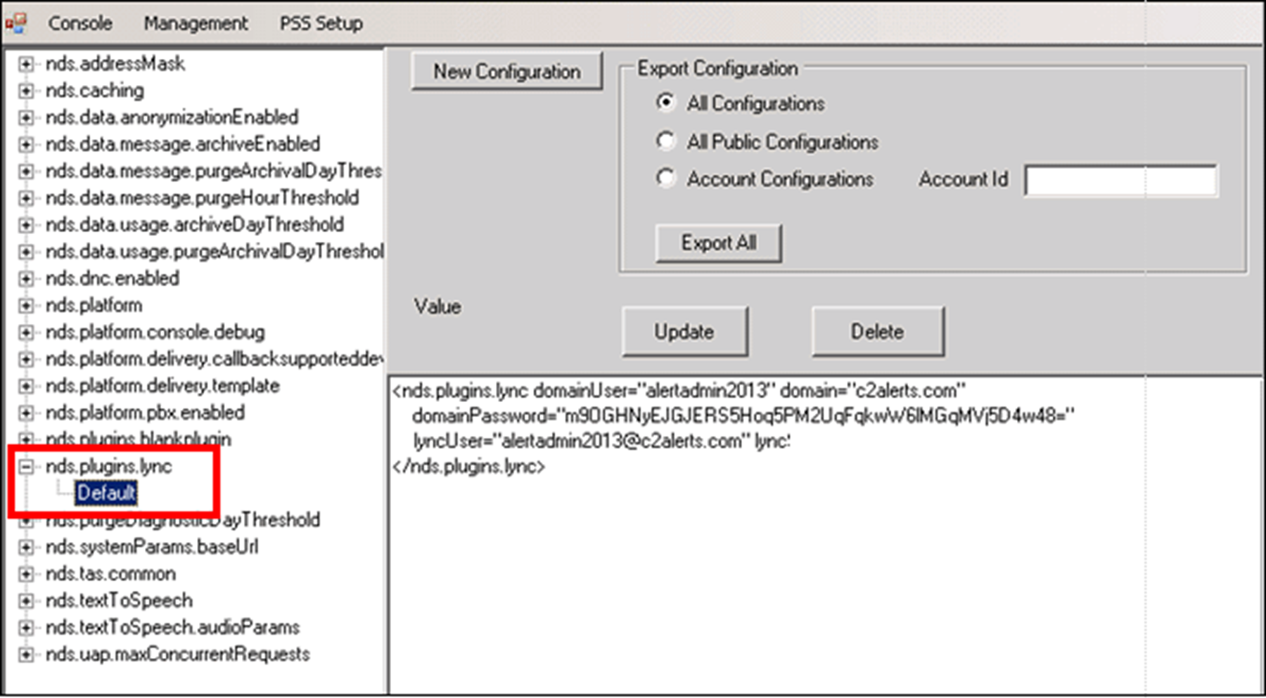 Lync plug-in setting in the NDS console