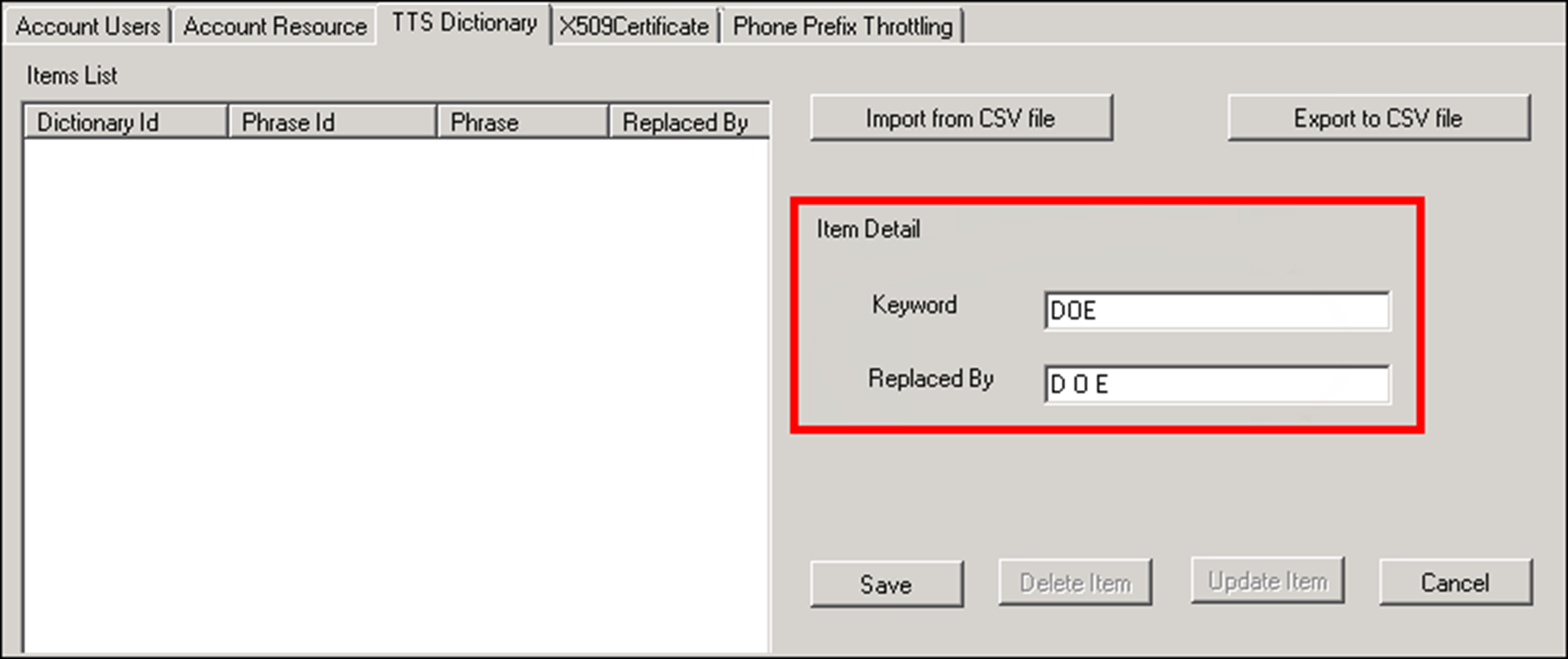 TTS Dictionary tab in the NDS console