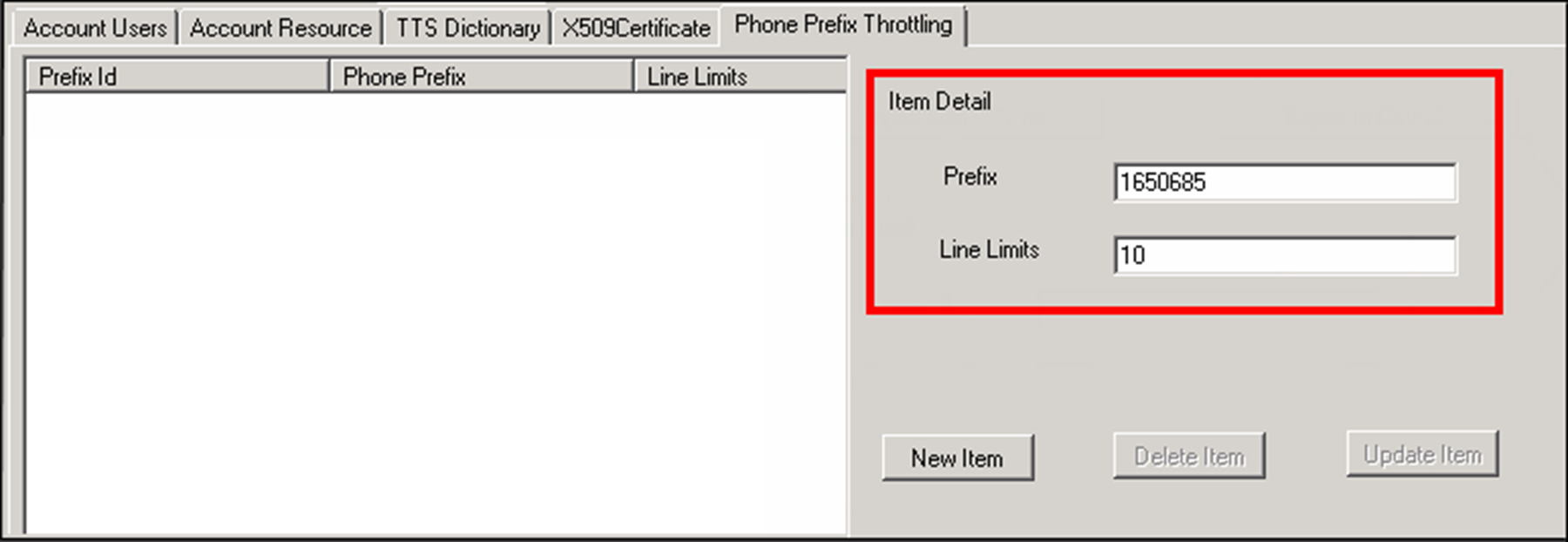 Phone Prefix Throttling tab in the NDS console