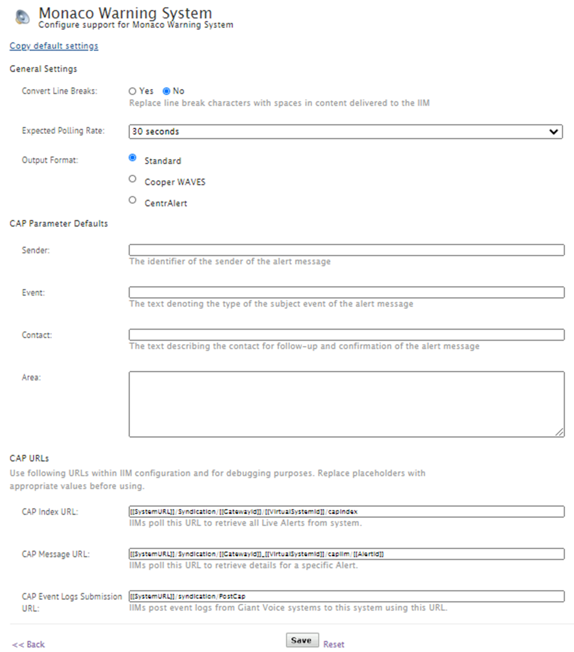 The Monaco settings page
