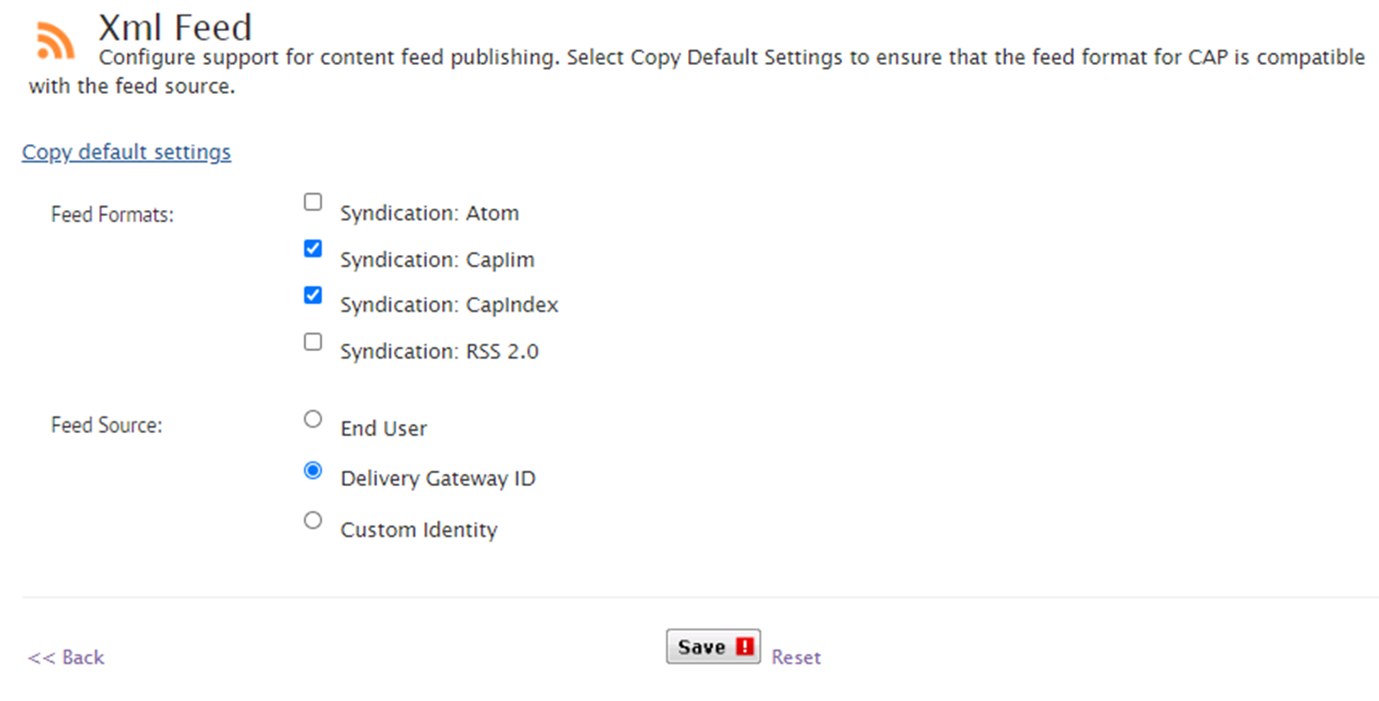 The Xml Feed settings page