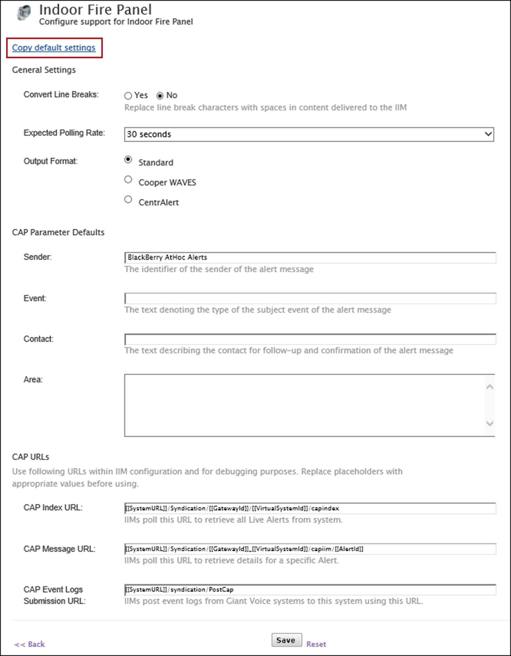Copy default settings on the Indoor Fire Panel device page